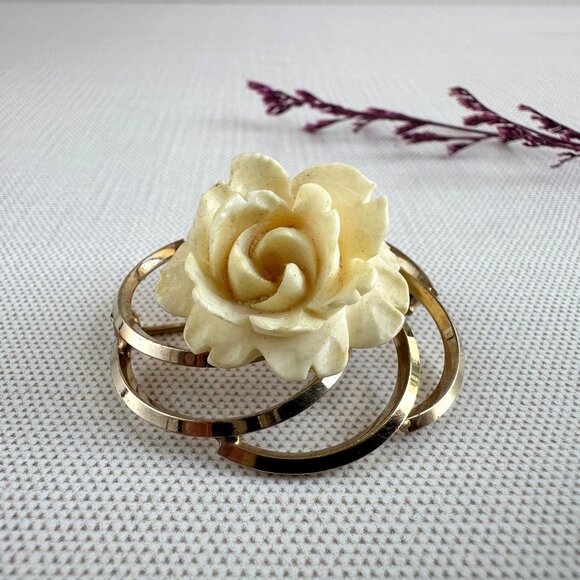 Mid Century Van Dell 1/20 12K Gold Filled Carved Celluloid Rose Brooch Vintage - Picture 8 of 11